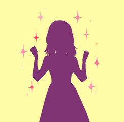 両手で握りこぶしを作る明るい表情の女性　キラキラ　影絵