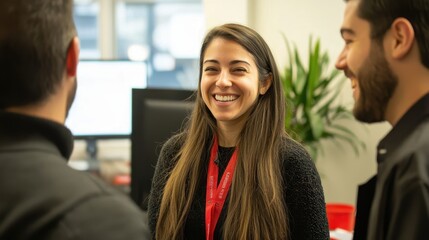 Happy woman engaging in conversation with colleagues in an office
