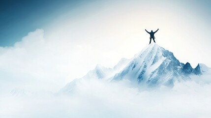 Triumphant Climber at Snowy Summit, celebrating health and endurance, embodying peak wellness amidst majestic mountain landscape