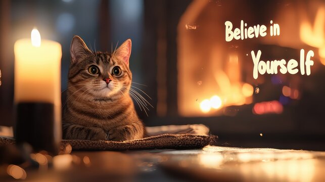A cozy scene featuring a cat beside a candle and fireplace, with the motivational phrase "Believe in Yourself" illuminated nearby.