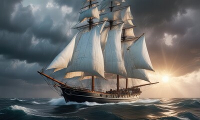 Fototapeta premium Sailing vessel with billowing white sails in a stormy atmosphere, sea, nautical, turbulent weather