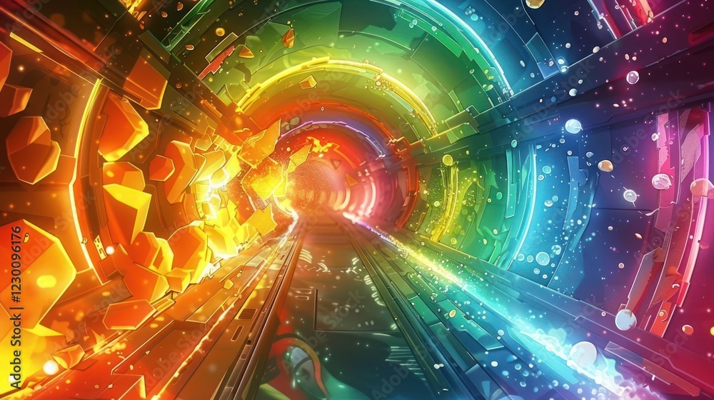 Poster vibrant abstract tunnel with colorful light streaks and floating particles creating depth