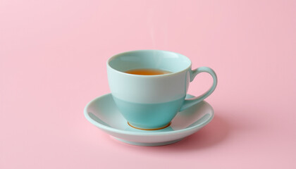 Blue tea cup with saucer on pink background