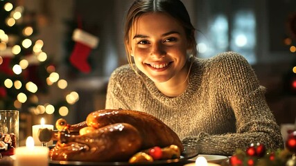 A cheerful woman is captured mid-carve, her focus on the roasted turkey in front of her, with twinkling candles and vibrant holiday decorations completing the celebratory setting.