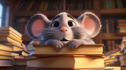 Curious adorable mouse peeking over a stack of books in a cozy library scene Take Your Poet to School Week