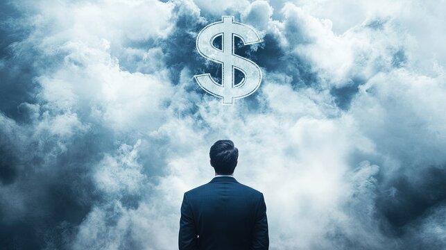 Economic Storm, Dark clouds shaped like dollar signs loom over a distressed businessman, symbolizing financial challenges and uncertainty.