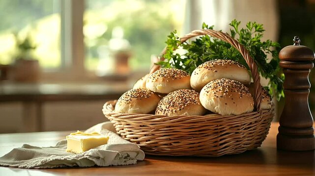 A charming kitchen table showcases a wicker basket full of soft, seed-topped bread rolls, paired with creamy butter, sprigs of parsley, and an artisanal pepper grinder for a rustic