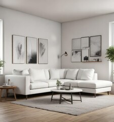 Fototapeta premium Scandinavian style white sectional sofa in corner of room with clipping path, sectional sofa, interior