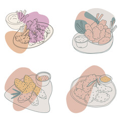 Hot and Spicey Buffalo Chicken Wings vector illustration, Drawn roasted chicken wings with celery stalks on a platter and sauce.