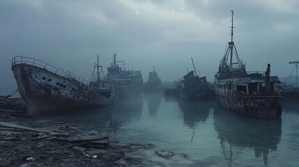 Fototapeta premium Ghost Ships in a Foggy Harbor