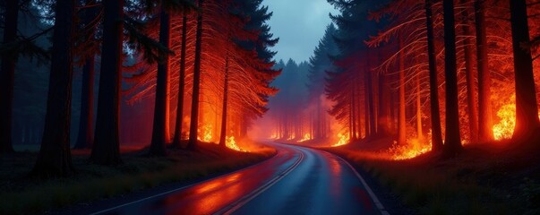 Flames engulfing trees on winding forest road at dusk, dusk, woods, fire