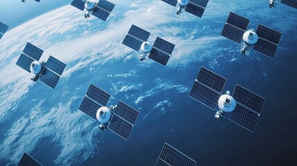 Orbital satellites in motion low earth orbit digital imagery space environment aerial view technology overview