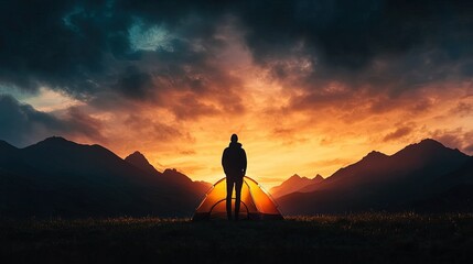 Fototapeta premium Serene Wilderness Retreat, a camper silhouetted against a glowing tent, majestic mountain ridges, tranquil adventure in nature's embrace