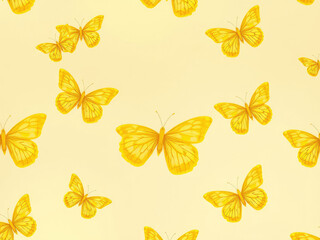 Seamless yellow butterfly pattern on pastel background, artistic, bright colors, fluttering, decor, backdrop