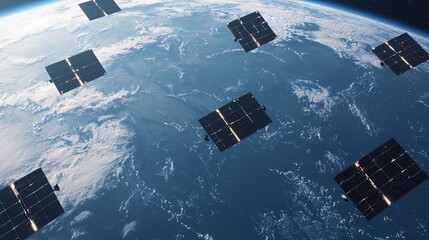 Satellite network launch over earth technological advancement space digital art aerial view innovation