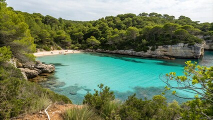 Fototapeta premium Secluded cove with clear turquoise waters and lush vegetation, turquoise, ocean, water, seclusion, secluded spot
