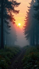 Fototapeta premium Forest landscape at dawn with mist and fog slowly clearing, sunrise, atmospheric, forest
