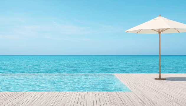 serene poolside view with white umbrella and clear blue ocean