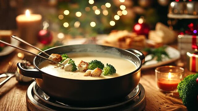 A creamy cheese fondue in a traditional pot, with broccoli and bread croutons on skewers, the scene framed by a rustic wooden table and festive accents.
