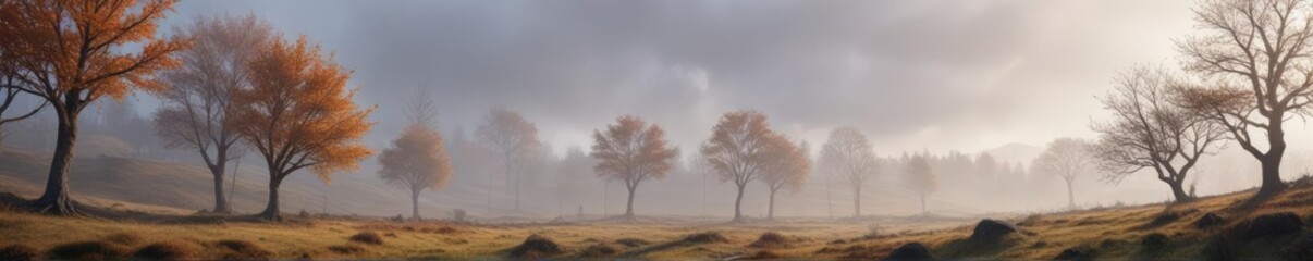 Fototapeta premium Serene hillside with bare trees and misty atmosphere, , moonlight
