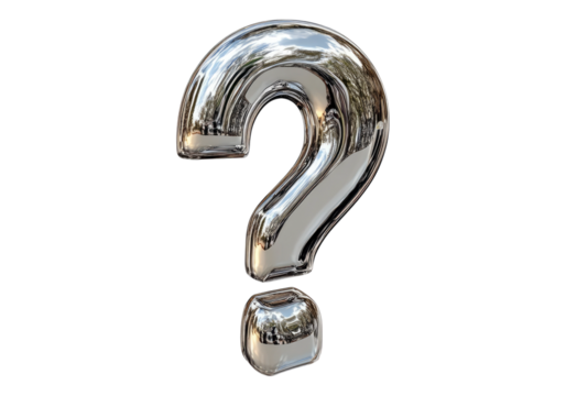 Photo of silver question mark emblem.