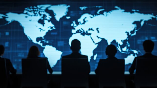 Strategic global meeting conference room digital mapping corporate environment team perspective decision-making insights