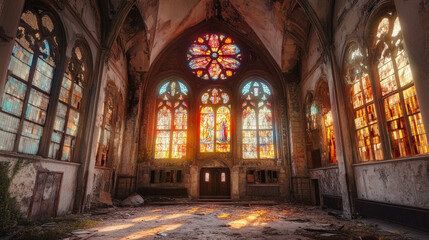 Obraz premium Abandoned Cathedral with Radiant Stained Glass Windows