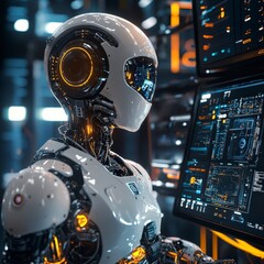 Futuristic Robot in High-Tech Environment with Digital Interfaces