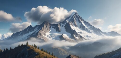 Serene mountain landscape with snow-capped peak and misty cloud, clouds, misty, natural
