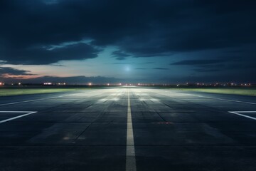 Fototapeta premium Empty runway illuminated at night under dramatic sky