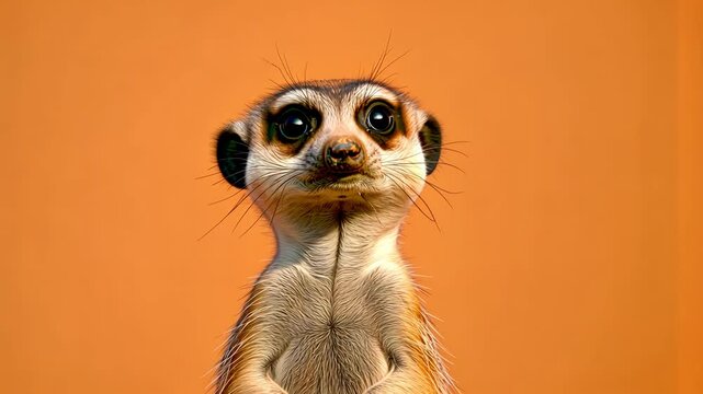 Curious Meerkat Standing Upright on Sandy Mound Against Vibrant Orange Background Perfect for Wildlife Inspiration