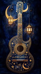 Celestial Nights Ornate Guitar Under Ramadan Crescents and Stars