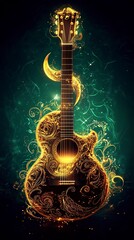 Golden Acoustic Guitar with Ornate Design and Magical Aura