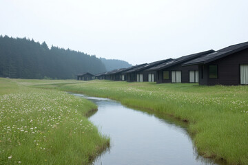 A long grassy field with a river running through it