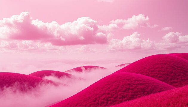 Surreal pink landscape with rolling hills and clouds