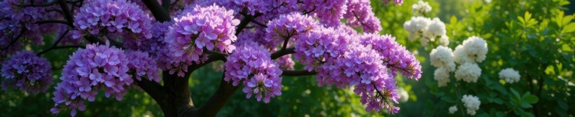 Fototapeta premium Jacaranda tree in full bloom with a few white and purple flowers, purple flowers, greenery, nature