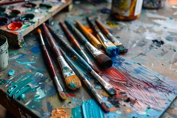 Obraz premium Many paintbrushes laying on a messy palette covered in colorful paint after an art project