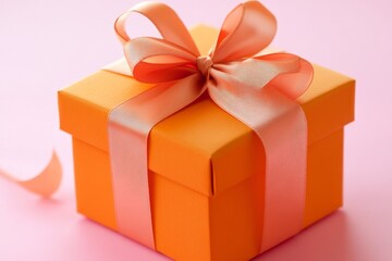 Fototapeta premium orange gift cube box with ribbon isolated on pink background