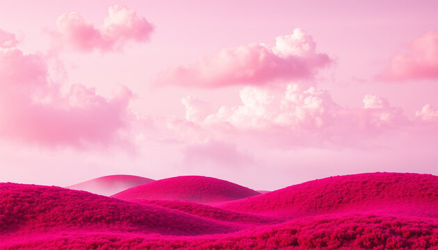 Surreal pink landscape with rolling hills and clouds
