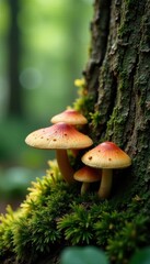 Large mushrooms growing on a moss covered tree trunk, woodland, lichen