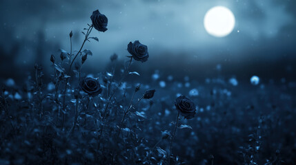 Dark Field of Black Roses Under the Moonlight