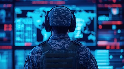 Military personnel monitoring global situations in high-tech command center digital environment strategic viewpoint