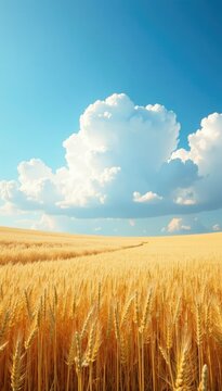 Light and airy clouds float above a rolling wheat field, wind, airy