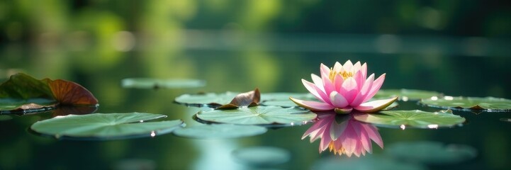 Lily pads and water lilies adorn a peaceful pond surface, lake, calm, clear