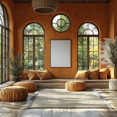 Sunlit Room with Orange Accents and Serene Garden Views