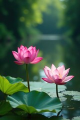 Lotus flowers in the foreground of a peaceful pond, tranquil, flower, bloom