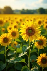 Obraz premium Golden sunflowers in full bloom, vibrant field , green, farm