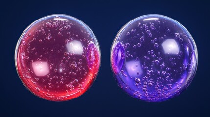 Obraz premium Two vibrant spheres, liquid inside, dark background; science, design
