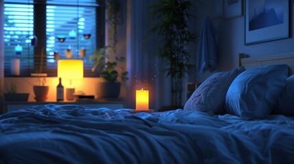 Cozy bedroom at night with glowing candle on bedside table, soft lighting, and serene atmosphere