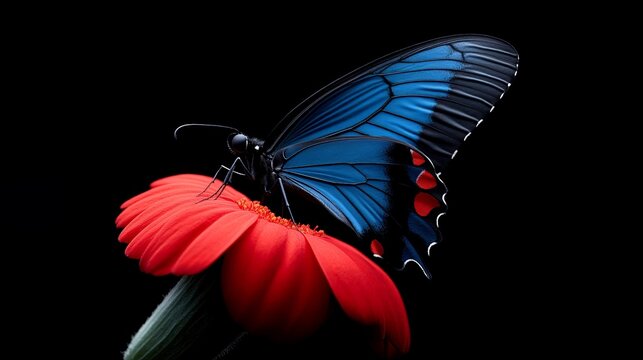 Blue Morpho Butterfly on Red Gerbera: A vivid blue morpho butterfly with dramatic black veins and red spots rests delicately on a vibrant red gerbera.